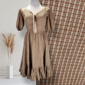 Vintage 70s Tie Front Puff Sleeve Prairie Dress Size S Brown Plaid Pockets